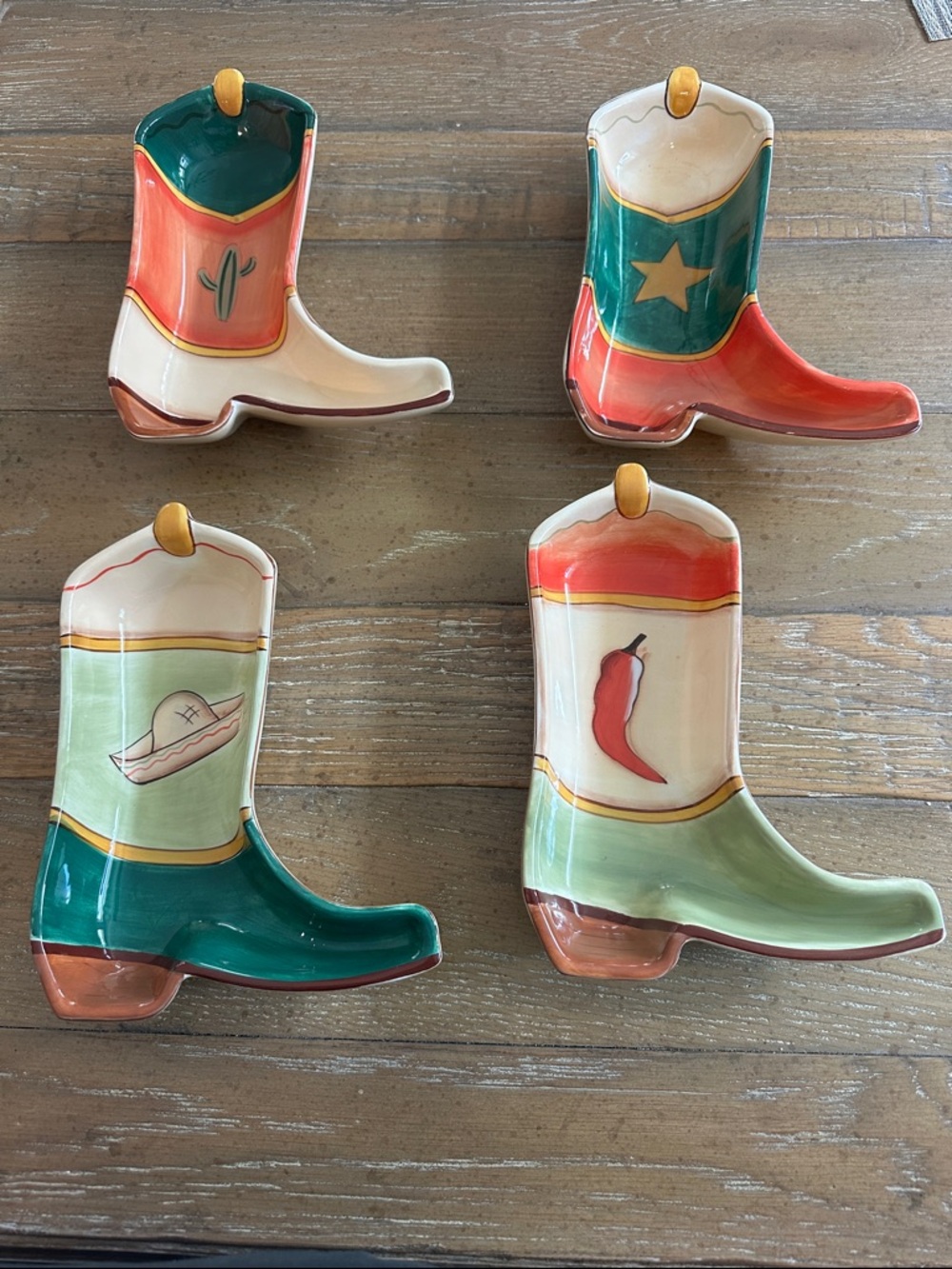 Hand-Painted Ceramic Cowboy Boot Dishes - Set of 4, Colorful Western Motifs